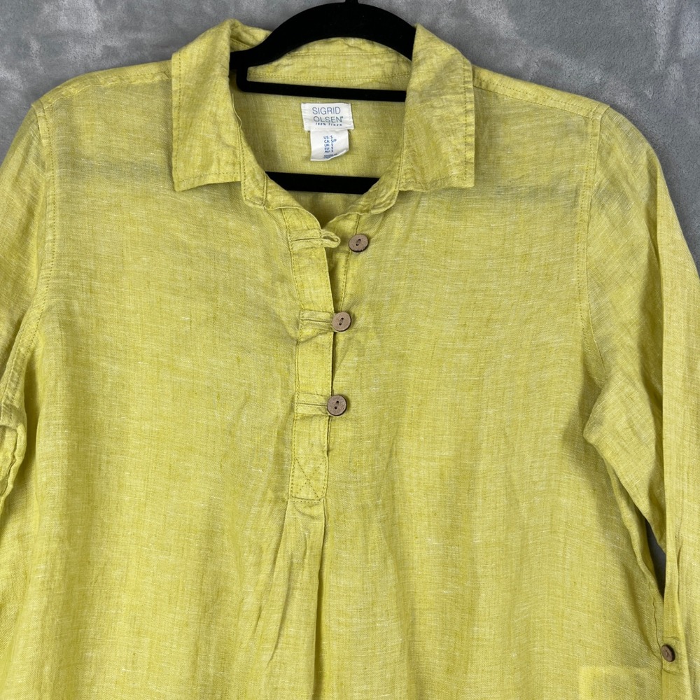 Sigrid Olsen Womens 100% Linen Tunic Top Chartreuse Yellow Button Tab Sleeve S - Picture 10 of 10
